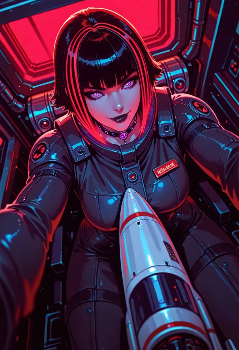 goth masterpiece, best quality, good quality, very aesthetic, absurdres, newest, 8K, depth of field, focused subject, 1girl, science-fiction, pov, light, from front, from above, 1girl, sci-fi, sitting atop space rocket, white space rocket, smile, (sexy) space suit, swirl, neon hair, short goth hair, mecha choker, tubes into parts, dynamic angle, in the style of cknc and pun 43, red filter /neon
(cutesexyrobutts:0.35)
