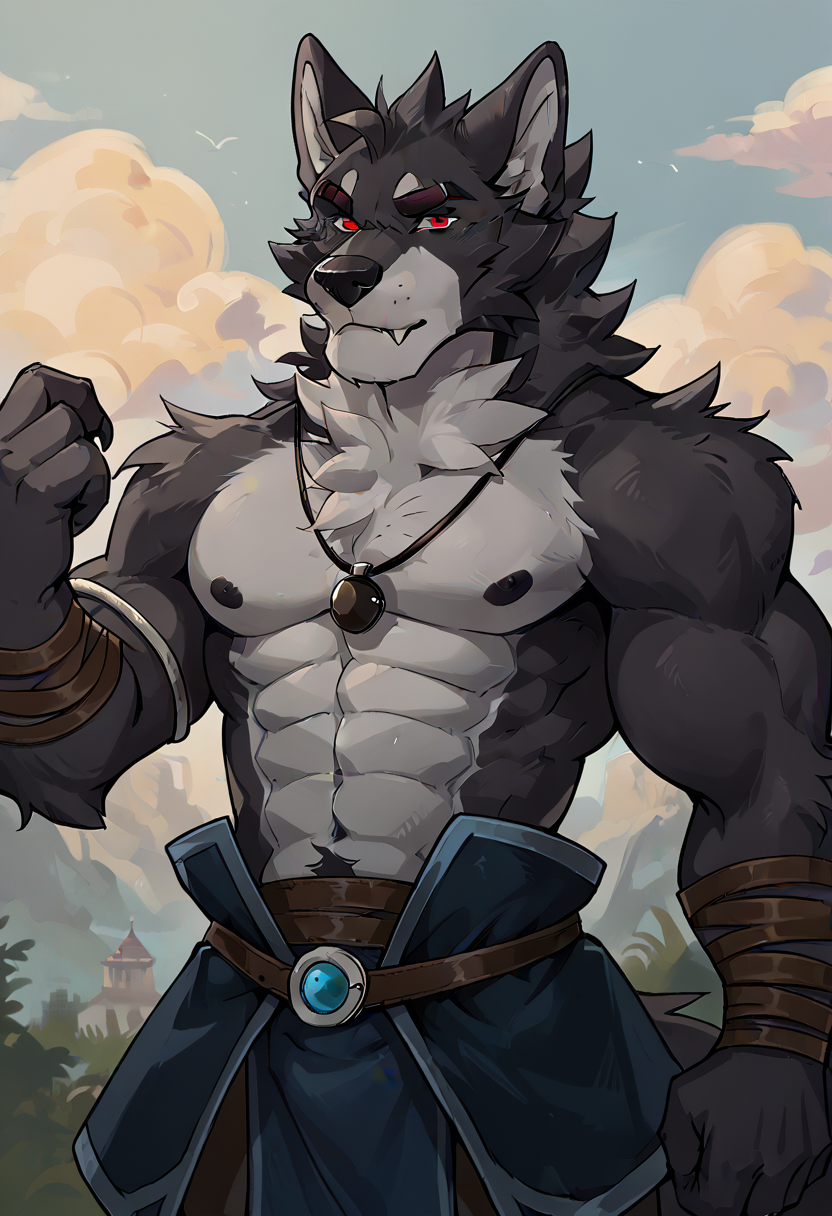 score_9, score_8_up, score_7_up, source_furry, furry, anthro, detailed background, <lora:add-detail-xl:1.0>, <lora:Vulgor:0.8>, furry, 1boy, solo, male, tail, anthro, animal ears, claws, fluffy, vulgor, black necklace, close up, seductive, looking at viewer, muscular, wolf, black body, two-tone body, red eyes, seath,