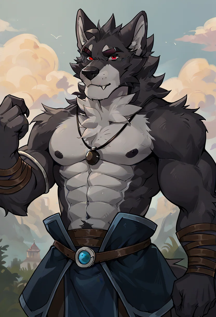 score_9, score_8_up, score_7_up, source_furry, furry, anthro, detailed background, <lora:add-detail-xl:1.0>, <lora:Vulgor:0.8>, furry, 1boy, solo, male, tail, anthro, animal ears, claws, fluffy, vulgor, black necklace, close up, seductive, looking at viewer, muscular, wolf, black body, two-tone body, red eyes, seath,