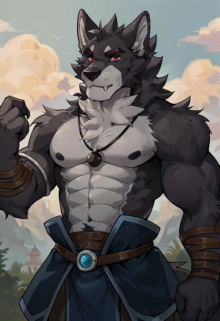 score_9, score_8_up, score_7_up, source_furry, furry, anthro, detailed background, <lora:add-detail-xl:1.0>, <lora:Vulgor:0.8>, furry, 1boy, solo, male, tail, anthro, animal ears, claws, fluffy, vulgor, black necklace, close up, seductive, looking at viewer, muscular, wolf, black body, two-tone body, red eyes, seath,
