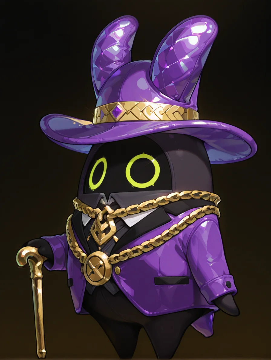 masterpiece,best quality,amazing quality,<lora:Bangboo Illust:1>,no humans,
bangboo,standing,
purple pimp hat,gold chains,gold,cane,purple suit,
full body,dynamic pose,
simple background,