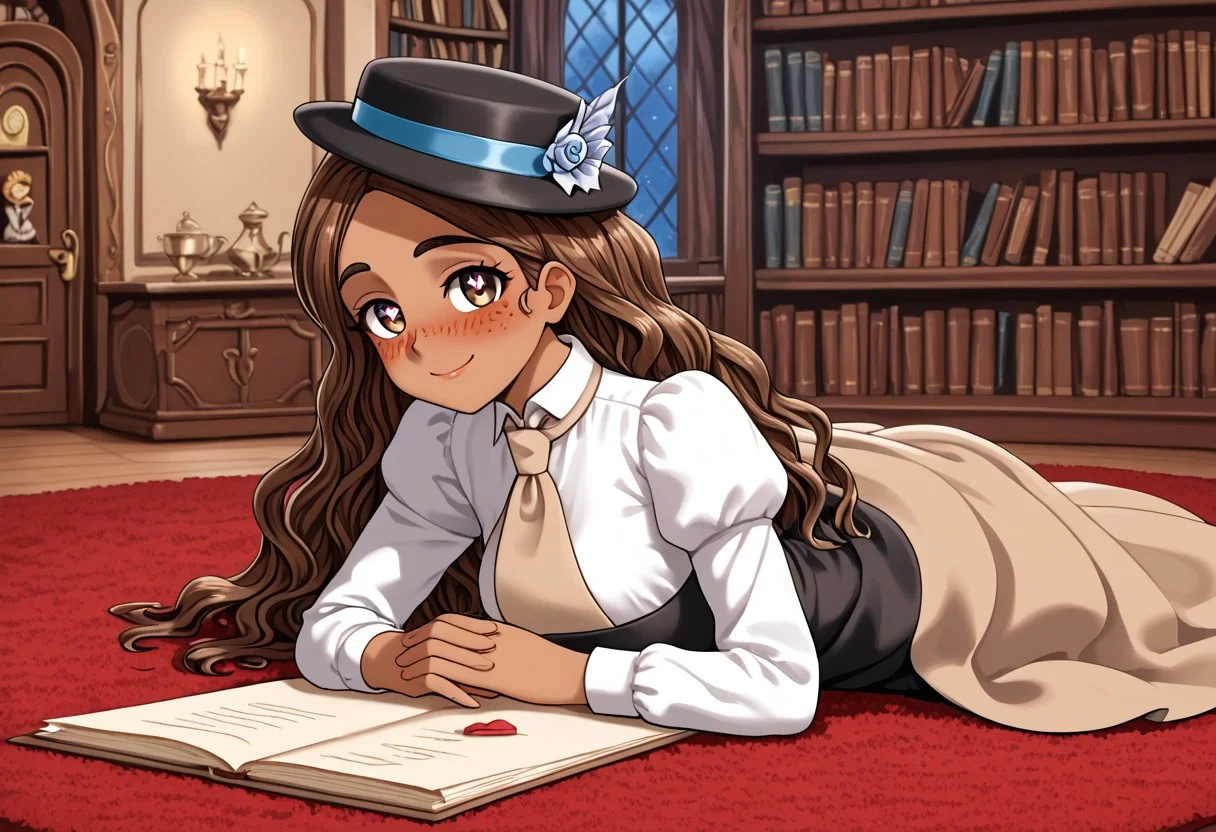 high definition 1girl, solo, franimel, dress, long hair untill hips, brown skin, brown eyes, freckles, blushing, hat, beige tie, soft illumination, full body, victorian library, detailed background, night, sitting down on a red carpet, tea cup, old inkwell, old pen, paper sheets lying around, cute smile, look at viewer, sighing, heart-shaped pupils, hands on chest together, grabbing a old letter