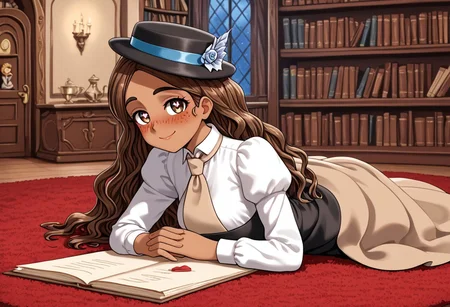 high definition 1girl, solo, franimel, dress, long hair untill hips, brown skin, brown eyes, freckles, blushing, hat, beige tie, soft illumination, full body, victorian library, detailed background, night, sitting down on a red carpet, tea cup, old inkwell, old pen, paper sheets lying around, cute smile, look at viewer, sighing, heart-shaped pupils, hands on chest together, grabbing a old letter
