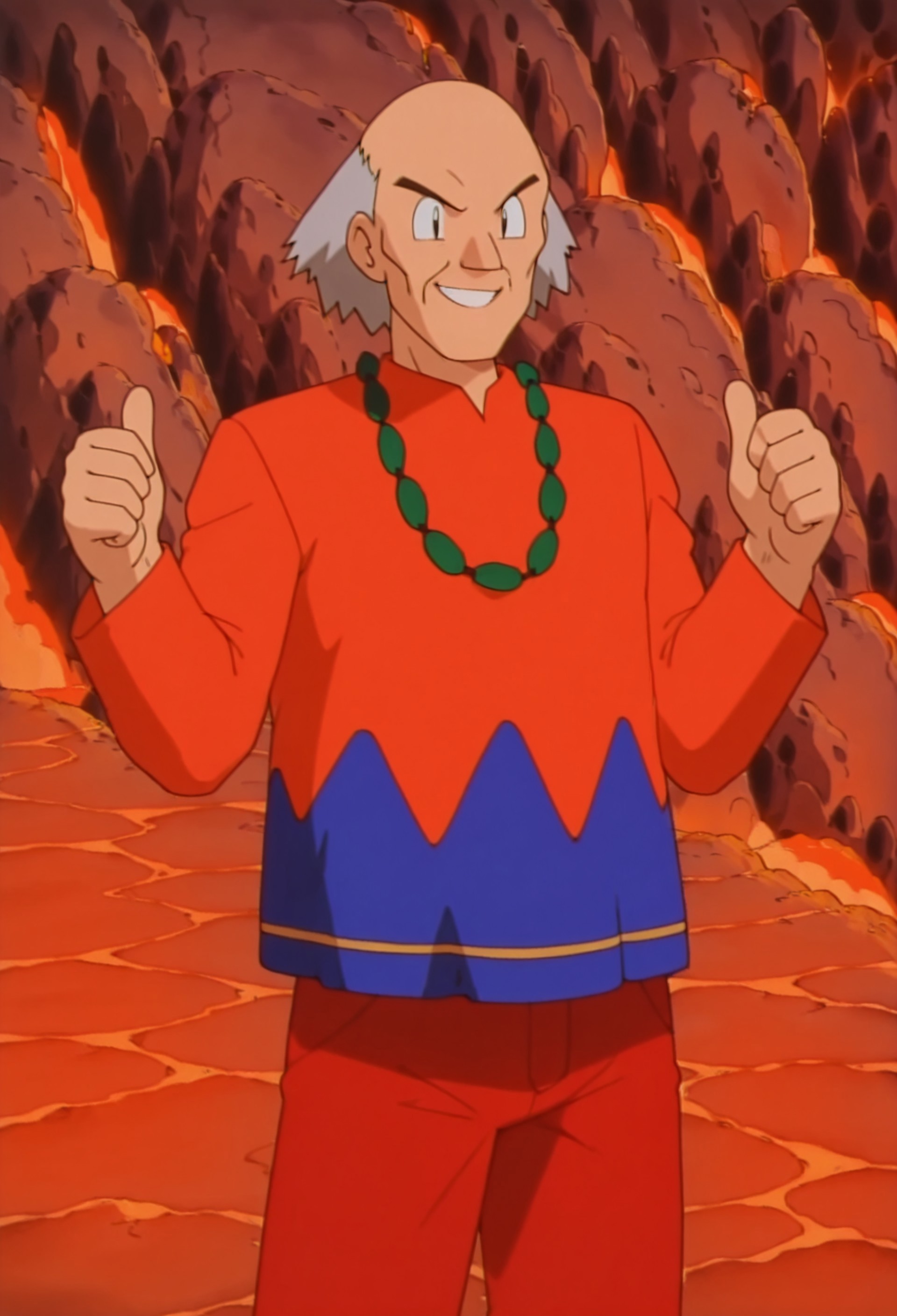 solo, masterpiece, modern, new, 1boy, male, masculine face, daddy looking face,

PokemonABlaine, grey hair, bald, necklace, shirt, retro artstyle, pants, cave, lava. smiling, thumbs up