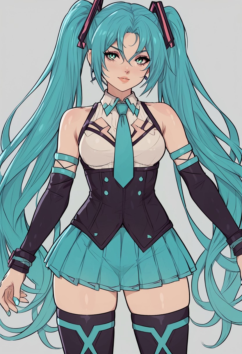 score_9, score_8_up, score_7_up, score_6_up, score_5_up, score_4_up, source_cartoon, <lora:confetti-extract- ponyxl:0.85>, detailed eyes, easynegative, rating_explicit, Expressiveh, 1girl, solo, yoracrab
absurdly long hair,aqua hair,twintails,hair ornament,sidelocks,hair between eyes,parted bangs,aqua eyes, white shirt,collared shirt,bare shoulders,sleeveless shirt,aqua necktie,detached sleeves,black sleeves,shoulder tattoo,fringe,black thighhighs,miniskirt,pleated skirt,zettai ryouiki,thigh boots