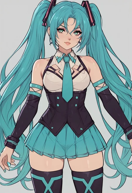 score_9, score_8_up, score_7_up, score_6_up, score_5_up, score_4_up, source_cartoon, <lora:confetti-extract- ponyxl:0.85>, detailed eyes, easynegative, rating_explicit, Expressiveh, 1girl, solo, yoracrab
absurdly long hair,aqua hair,twintails,hair ornament,sidelocks,hair between eyes,parted bangs,aqua eyes, white shirt,collared shirt,bare shoulders,sleeveless shirt,aqua necktie,detached sleeves,black sleeves,shoulder tattoo,fringe,black thighhighs,miniskirt,pleated skirt,zettai ryouiki,thigh boots