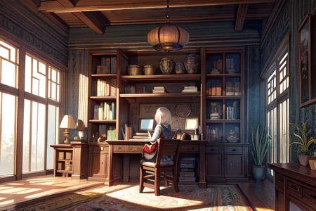 highly insanely detailed, masterpiece, top quality, best quality, highres, 4k, 8k, RAW photo, (very aesthetic, beautiful and aesthetic),  
(code_style,codestyle),english text,traditional chinese text,(sympattern,geometric pattern), 
<lora:CodeStyle (half generic class)_564920:0.3>, 
(1girl:1.3), 1other, 
Study,Quiet room with low seating cushions,scroll-filled shelves lining the walls,a small writing desk with ink pots and papyrus scrolls,intricate woven rugs,and decorative hieroglyphic carvings,âââ