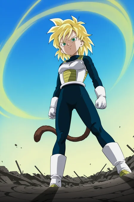 anime screencap, absurdres, high quality, official style,
gine, super saiyan, official style, vegeta outfit, 1girl, solo, looking at viewer, crater, rubble, closed mouth, standing, long sleeves, full body, blonde hair, spiked hair, green eyes, monkey tail, blue bodysuit, saiyan armor, white saiyan armor, cowboy shot, dappled sunlight, smug, smirk, legs apart, arms by side, serious, frown, shadow, v-shaped eyebrows, white trim, clenched hands, white gloves, light rays, blue sky, from below, looking at another, dutch angle, ((golden aura)),
<lora:Gine_IL:0.8>