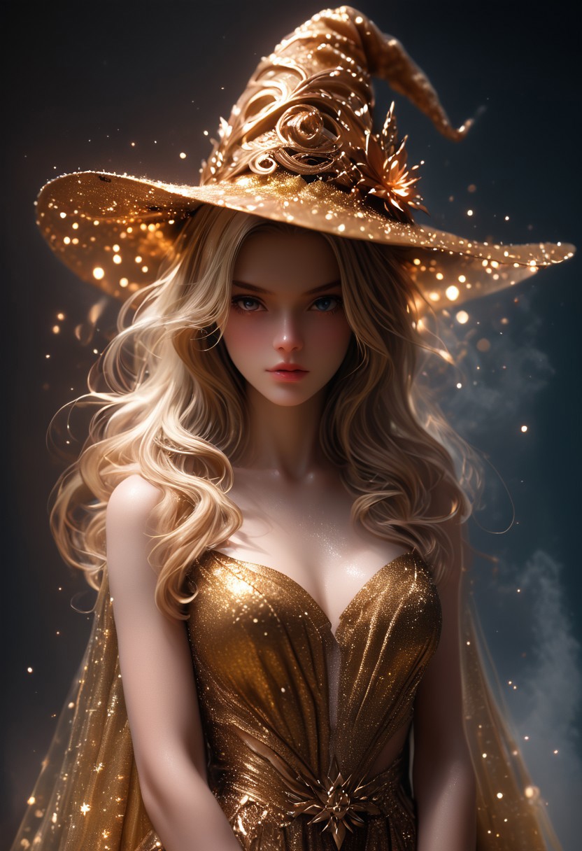 (score_9, score_8_up), score_7_up, 1girl, Highly detailed RAW color Photo, aroused depicted, a beautiful 1girl with long blonde hair wearing a witch hat made of gold and fire, glowing light particles and sparkles in the style of glitter and diamond dust, hyper-realistic fire, fairycore, hkmagic, masterpiece, best quality, highly detailed, sharp focus, dynamic lightingbackground