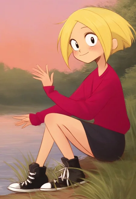 score_9, score_8_up, score_7_up, colorful, masterpiece, rim lighing, saturated colors, full-body image, cute girl, detailed eyes, pin-up pose, flat chest, cute girl, blonde hair, red sweater, black miniskirt, black converse shoes, mangamaster style, cute smile, detailed lighting, looking at viewer, black eyes, hands at the sides, blushing, black skirt, detailed background, sunset, tall grass, trees in the background, detailed clouds in the background, river, perfect face, perfect face details,