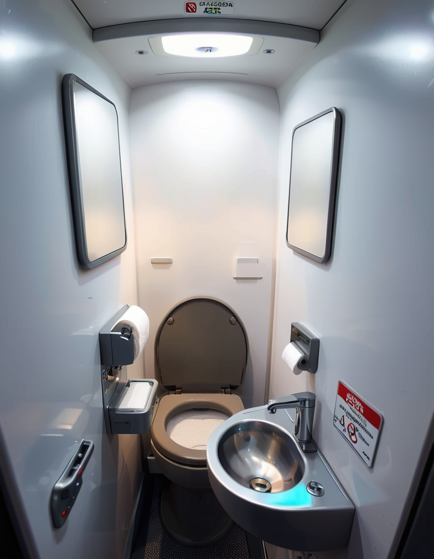 A highly detailed and realistic photograph of an airplane lavatory. The small, compact space features light gray plastic walls with subtle texture, a stainless-steel sink with a motion-sensor faucet, and a mirror reflecting the narrow interior. The toilet is sleek, with a closed lid and a small instruction sticker on top. A soft, dim overhead light illuminates the space, creating a sterile yet functional atmosphere. On the side, a dispenser for paper towels and a built-in trash compartment are visible. The door has a small lock mechanism and an 'Occupied' sign. The floor is dark, non-slip material, and there are small signs with safety instructions in multiple languages. The perspective is slightly wide-angle, capturing the entire space from a slightly tilted angle, emphasizing the compact design. 
<lora:SDXLFaeTastic2400:0.4> <lora:extremely_detailed:0.4> extremely detailed,<lora:airplane_l4v4t0ry:1>,airplane l4v4t0ry, Masterpiece,best quality,hi res,8k,hi res,8k,award winning,(sharp focus, intricate, highly detailed),