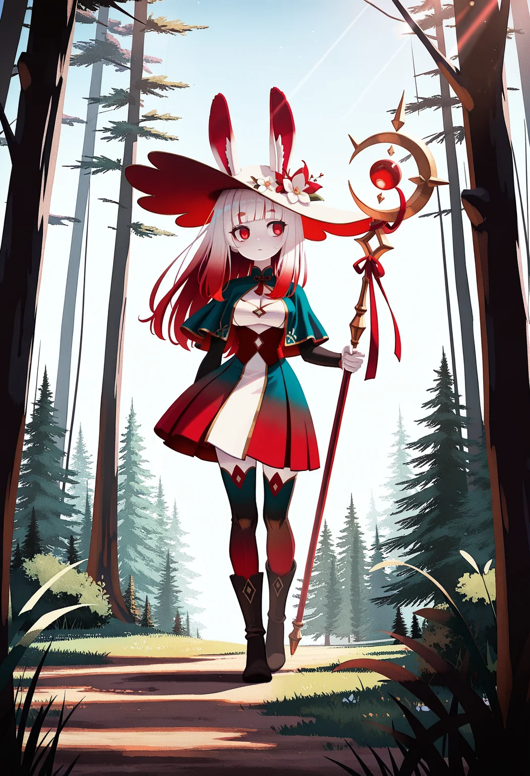 1girl, rabbit ears, ((white hair), red hair, gradient hair), long hair, blunt bangs, red eyes, detailed eyes, (pale skin),
solo, color dress, cleavage cutout, hat flower, color capelet, clothing cutout, color headwear,color ribbon, color skirt, boots, holding staff, forest, sky, full body, thighhighs,
kunitarouartstyle, <lora:kunitarouartIL-style:1>