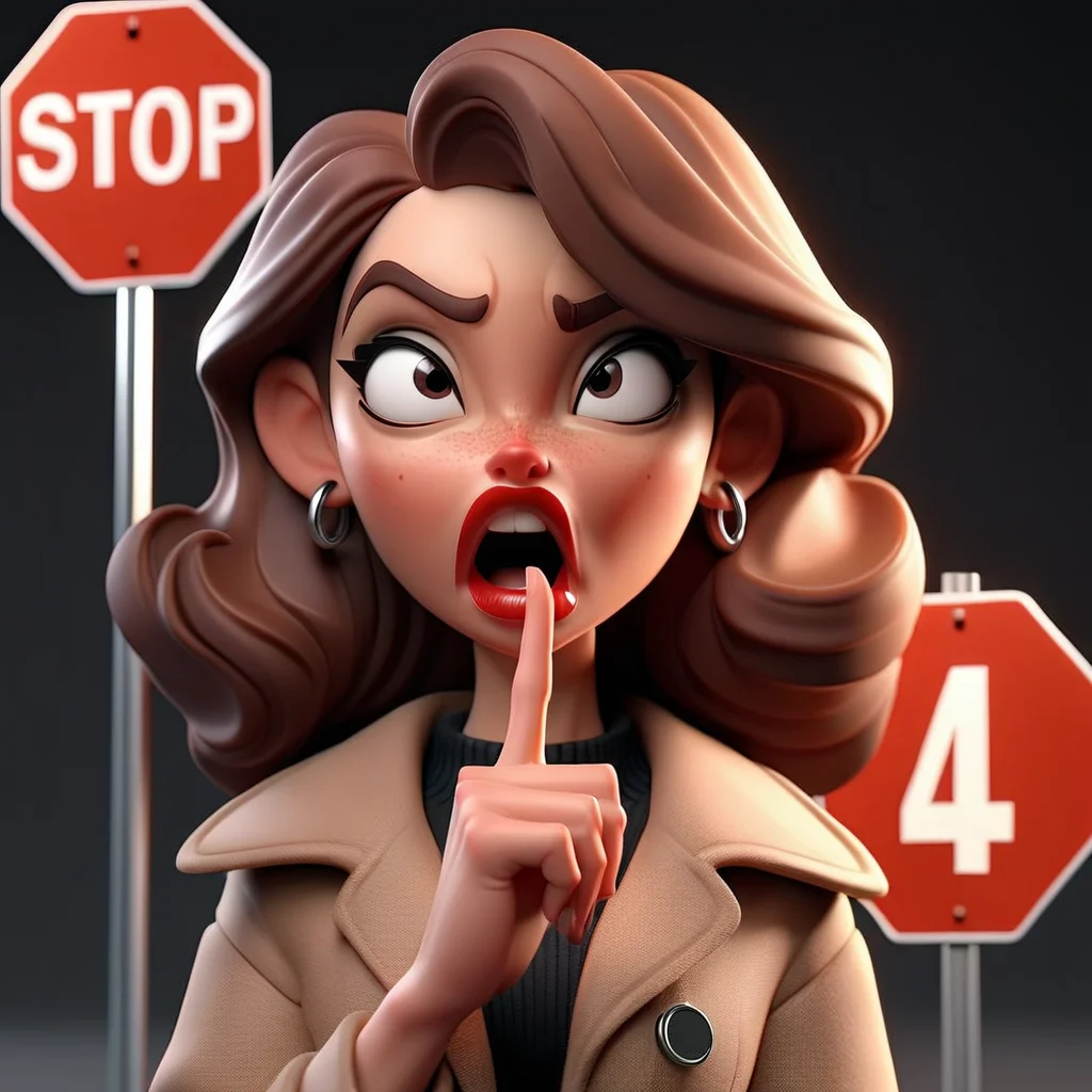 3D cinematic film.(caricature:0.2). 4k, highly detailed,Woman with finger on lips showing Stop Sign