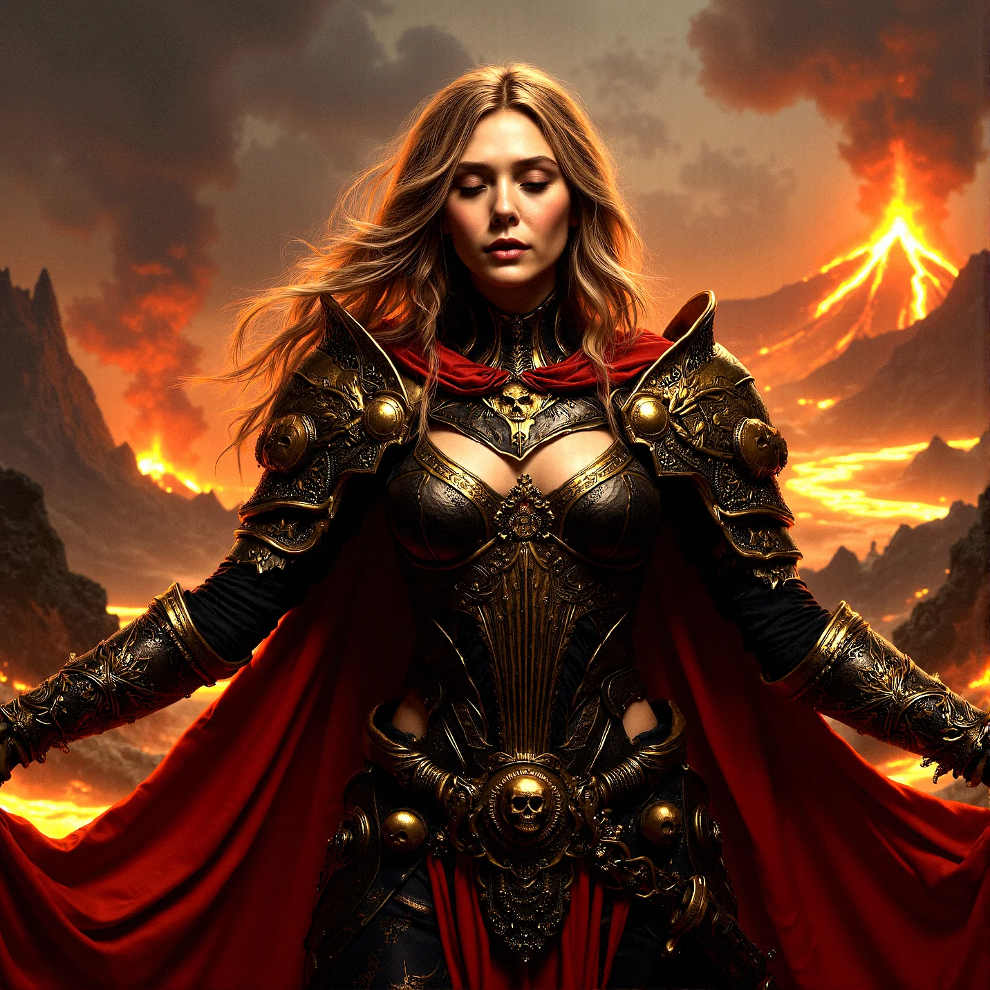 Extremely realistic Young female paladin, elaborate armor, gothic style, gold and black, red cape, skull motifs, strong posture, cinematic lighting,Fiery volcanic landscape, flowing lava rivers, erupting volcanoes, dark smoke-filled sky,
standing, arms wide open, eyes closed, absorbing energy