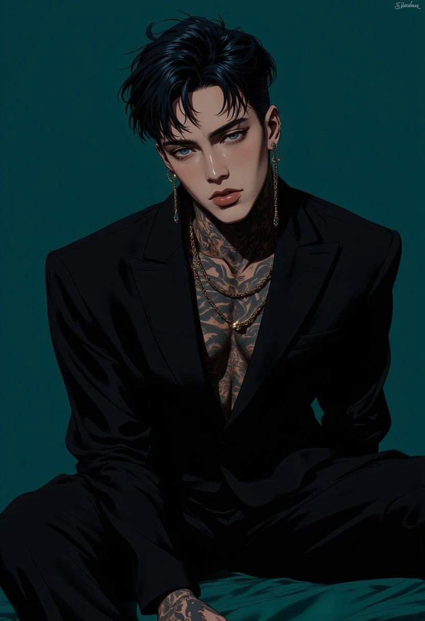 A dangerously alluring young man, exuding a magnetic charm that is impossible to ignore. He sits with a relaxed confidence, dressed in a perfectly tailored black suit that clings to his athletic frame, showcasing his sculpted physique. His skin is a canvas of intricate tattoos that wind down his neck and arms, adding an edge of rebellion to his polished appearance. His dark, tousled hair falls just enough to partially obscure his intense, smoldering gaze, with eyes that seem to see straight through you. His lips, slightly parted, hint at a playful smirk, drawing attention to his sharp features. The multiple piercings in his ears and the subtle gleam of a lip ring add to his bad-boy allure, while the deep teal background sets off his pale skin and dark attire, creating a striking contrast. He embodies the perfect blend of danger and seduction, a man who is both a mystery and a temptation. manwha, ne0nfant4sy
<lora:fluxenhancer:0.6> <lora:NeonFantasyFLUX:0.5> <lora:Sinfully_Stylish_.02_for_FLUX:0.5> <lora:manwha_style:0.6><lora:dark_fantasy_flux:0.5>