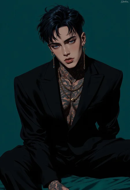 A dangerously alluring young man, exuding a magnetic charm that is impossible to ignore. He sits with a relaxed confidence, dressed in a perfectly tailored black suit that clings to his athletic frame, showcasing his sculpted physique. His skin is a canvas of intricate tattoos that wind down his neck and arms, adding an edge of rebellion to his polished appearance. His dark, tousled hair falls just enough to partially obscure his intense, smoldering gaze, with eyes that seem to see straight through you. His lips, slightly parted, hint at a playful smirk, drawing attention to his sharp features. The multiple piercings in his ears and the subtle gleam of a lip ring add to his bad-boy allure, while the deep teal background sets off his pale skin and dark attire, creating a striking contrast. He embodies the perfect blend of danger and seduction, a man who is both a mystery and a temptation. manwha, ne0nfant4sy
<lora:fluxenhancer:0.6> <lora:NeonFantasyFLUX:0.5> <lora:Sinfully_Stylish_.02_for_FLUX:0.5> <lora:manwha_style:0.6><lora:dark_fantasy_flux:0.5>