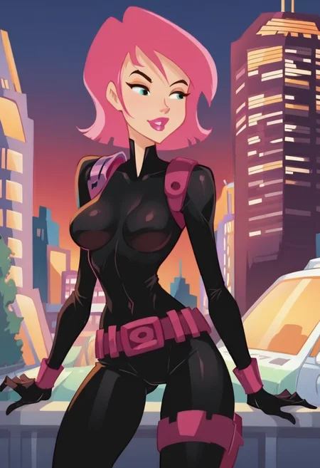 score_9, score_8_up, score_7_up, score_6_up, score_5_up, score_4_up, masterpiece, best quality, BREAK,
1girl, outdoors, city, night,  <lora:Erin_Esurance_Test:1> erin_esurance, pink hair female, short hair, breasts, lipstick, bodysuit, belt,
