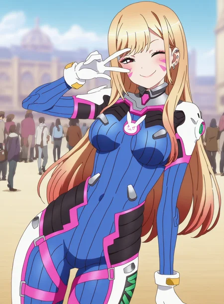 (masterpiece), (best quality), (intricate details, very aesthetic), absurdres, highres, cinematic light, 1girl, <lora:anime_screencap:1> anime screencap, anime coloring, kitagawa marin, d.va \(overwatch\) \(cosplay\), bodysuit, outdoors, sky, v over eye, one eye closed, smile, light blush, people, modeling