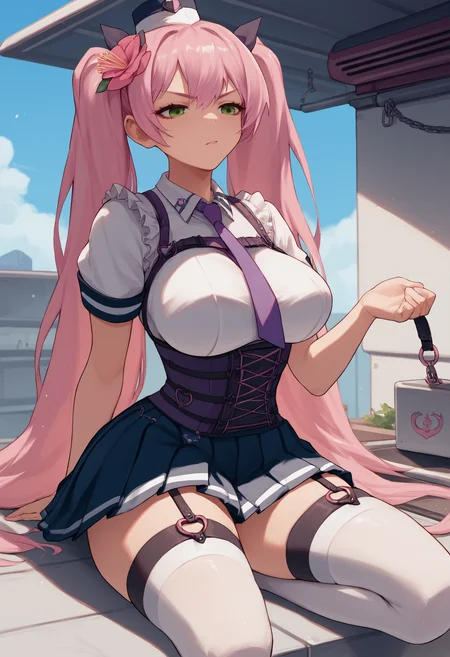 score_9, score_8_up, score_7_up, source_anime BREAK 1girl, solo, <lora:quiry-nikke-richy-v1_pdxl:1> qrnkk, green eyes, pink hair, twintails, long hair, garrison cap, hair flower, hair ribbon, large breasts, purple necktie, white shirt, harness, short sleeves, corset, pleated skirt, garter straps, white thighhighs, thighs