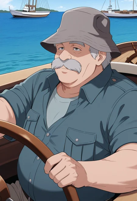 score_9, score_8_up, score_7_up, score_6_up, score_5_up, score_4_up, high quality, (detailed eyes:1.5), (detailed face), ((perfect face)), master piece, best high quality, ultra details, intricate details, male focus, detailed body, detailed background, perfect anatomy, masterpiece, high quality, best quality, amazing quality, very aesthetic, absurdres, Jacques_human, gray hair, gray moustache, blue button shirt, gray bucket hat, fat, overweight, old, old man, (ship wheel), (steering boat:1.5), riverboat