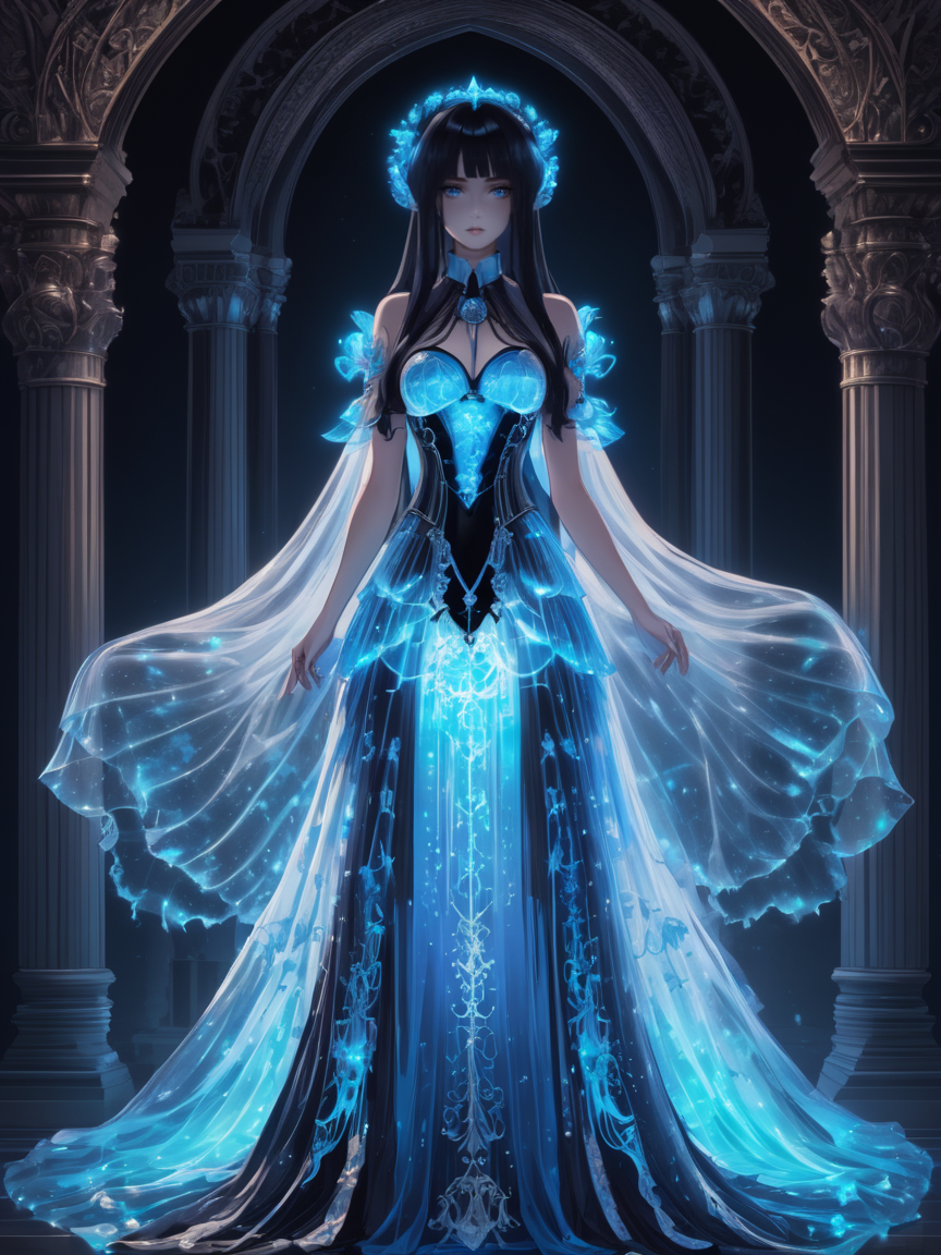 Gothic style anime style beautiful woman wearing a Blue Screen of Death (bioluminescent dress) <lora:xl_bioluminescent_dress-1.0:0.8>, Balancing,  . Dark, mysterious, haunting, dramatic, ornate, detailed