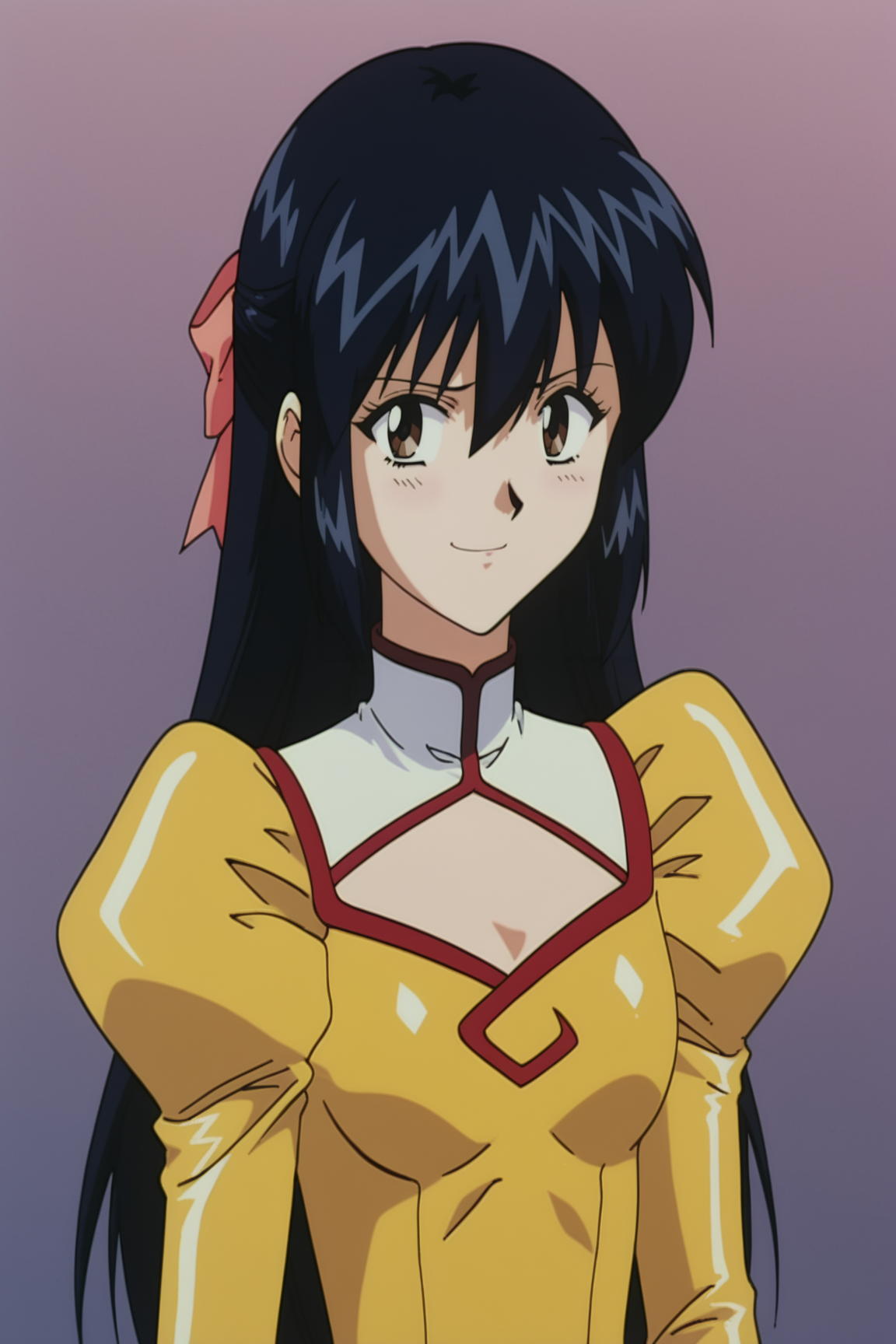 score_9, score_8_up, score_7_up, source anime, prefect lighting, very aesthetic, BREAK, anime coloring, anime screencap, retro artstyle,
<lora:rie_petoriyacowa_v1-pdv6:1>, 1girl, rie petoriyacowa, agent aika, black hair, brown eyes, long hair, hair ribbon,
rieout, long sleeves, juliet sleeves, yellow dress, 
BREAK, looking at viewer, light smile, upper body, 
BREAK,
