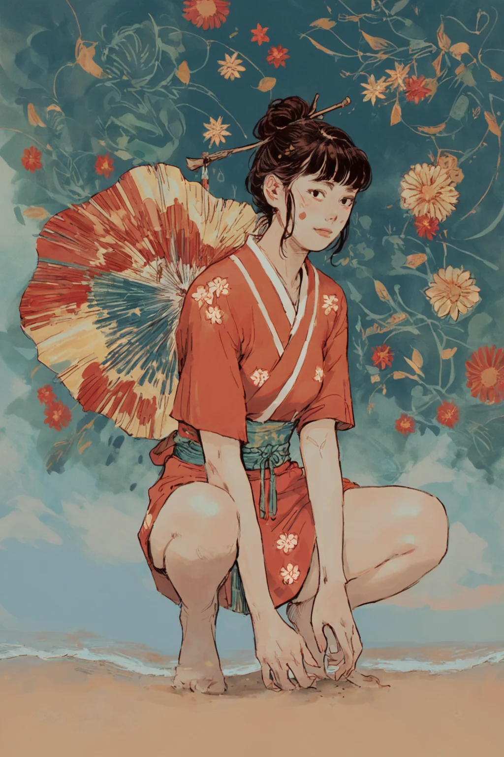 score_9, score_8_up, score_7_up, 1girl, japanse clothes, solo, solo focus, cowboy shot, high contrast,detailed background, , Crouching on the beach, drawing patterns in the sand, lost in creativity., <lora:godiva_color:1>