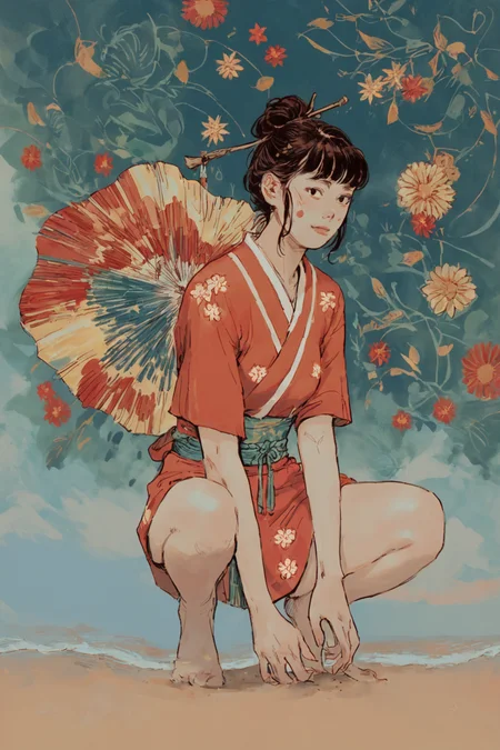 score_9, score_8_up, score_7_up, 1girl, japanse clothes, solo, solo focus, cowboy shot, high contrast,detailed background, , Crouching on the beach, drawing patterns in the sand, lost in creativity., <lora:godiva_color:1>