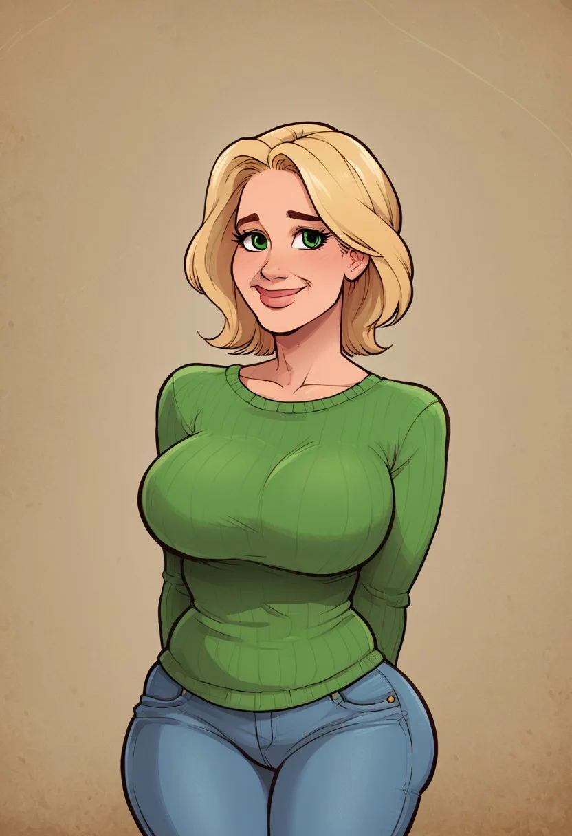 score_9, score_8_up, score_7_up, score_6_up, 1girl, blonde hair, green eyes, fair skin, young, straightened hair, medium hair, straight hair, blonde hair, petite, 35 years old, milf, jeans, green sweater, thick thighs, hourglass figure, thick ass, large breasts, smile, shy, modern kitchen background, nice house, detailed background