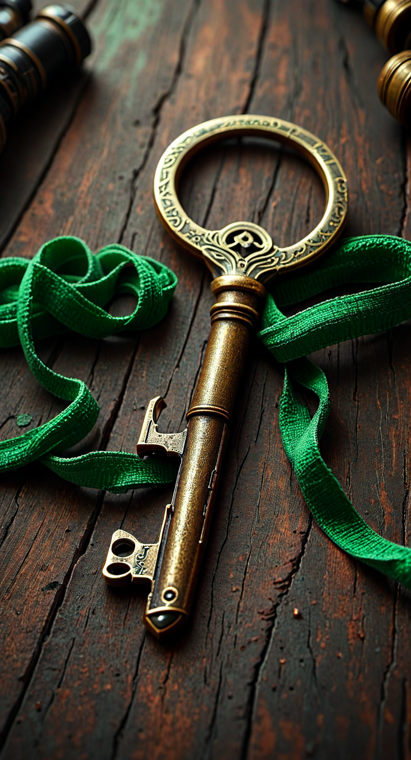 On a rough wooden table lies a large bronze antique key with a green ribbon tied on it, flux-style, midjourneylora, detailxl, canon50, 8K, hyper realistic, dramatic, dynamic contrast, cinematic lighting, zoomed out, dynamic lighting, highly detailed, epic, art germ, ross tran