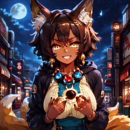 (score_9), score_8_up, score_7_up, 
anime
1girl, full body, mature woman, milf, detailed
(dark brown skin, beautiful, black hair, curly hair (large round afro: 1.4), (((Kitsune)), Fox ears, ((fox tail)), large tail, (nine tails), (multiple tails), saddle brown tails:1.2, black fur tips: 1.6), (yellow eyes, slit pupils: 1.4), (glowing eyes: 0.8), eyesHD, high gradient eyes, high definition eyes, detailed eyes, teeth with fangs, black claws, 
tattoo, hood, jewelry, bracelet, sleeveless, hoodie, 
(gigantic breasts, round breasts, huge ass, sexy, thick thighs), top heavy, black lipstick, silver jewelry, evil grin, sexy, (black hole in hand), holding black hole, handfixer, 
blue flames
Alleyway, night, event horizon, gravitational lensing
aduare_style, pixel art