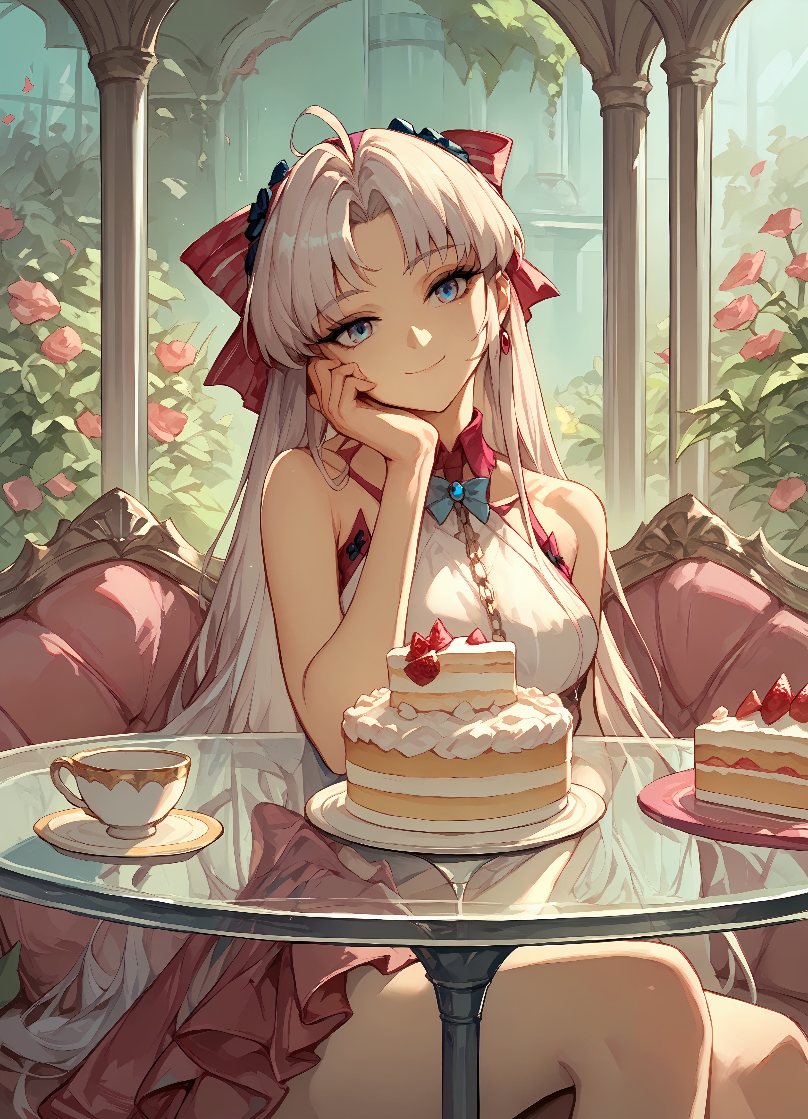 (score_9, score_8_up, score_7_up), 1girl, carlotta, pink hair bow, bare shoulders, bare arms, bare legs, sitting, glass table, teacup, cake, garden, hand on own cheek, head tilt, looking at viewer, smile, closed mouth, <lora:carlotta-wwPO-v1b:0.9>
