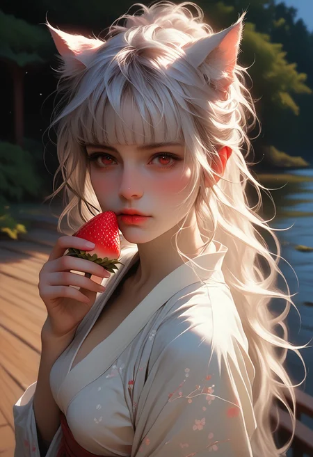 ASCII, photorealistic, OLED, score_9, score_8_up, score_7_up, score_6_up, 1girl, 30yo, red eyes, soft freckles, tanned skin, white hair, ponytail, strands of hair falling over the face, long hair, hime cut, cat ears, ((close up, standing)), medium breasts, curvy body, wide hips, jetty on the water, wooden floor, night, star sky , eating a strawberry,<lora:SnowFoxeij-000006:0.7>, looking to viewer, cute face, (wearing a kimono dress), cat tail