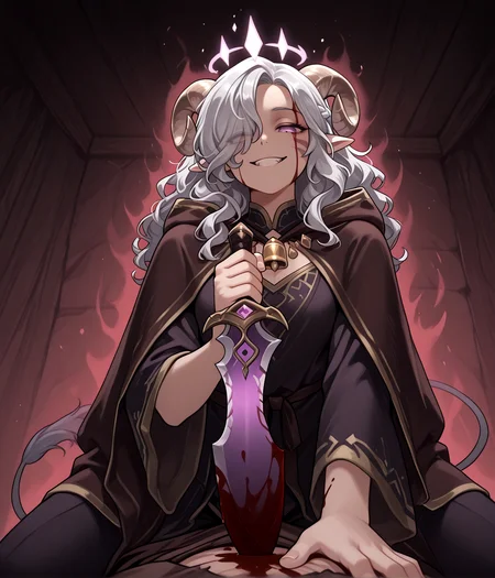<lora:crown_of_madness:1>crown_of_madness,  glowing twilight purple ruined_crownand fog, from below  ,  blood from eyes , pained expression,  slit pupils:1.3,   solo, holding simple dagger, glowing, blood on dagger, hypnosis,  blood_on_face,  evil smile,  , looking at viewer, empty eyes, blood splatter, aura on head, blood on clothes, dynamic pose, pov , on male's body, stab, gore,  injury male,  hand up,, masterpiece, tiefling, tail, anime,  pointy ears, tiefling, silver hair, ivory sheep horn,
<lora:whisker_markings:0.8>red whisker_markings:1.7, silver long wavy hair, bell necklace, short pointy ears, purple eyes, tiefling_bard_diana:1.2,   hair over one eye, braid, <lora:Tiefling_bard_Diana_ILXL:1>  cloak, 
cow tail:1.4,, <lora:anatomy_helper:0.3> <lora:illustrious_quality_modifiers_masterpieces_v1:1> masterpiece, very aesthetic, absurdres,