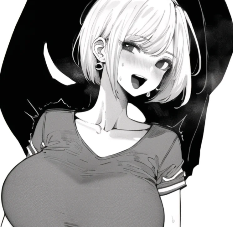 beautiful, masterpiece, best quality, extremely detailed face,  perfect lighting, 1girl, solo, norman maggot,  <lora:Norman Maggot:1>, :d, bangs, blush, breasts, collarbone, earrings, greyscale, huge breasts, jewelry, large breasts, looking at viewer, monochrome, open mouth, shirt, short hair, short sleeves, simple background, smile, solo, sweat, upper body, white background