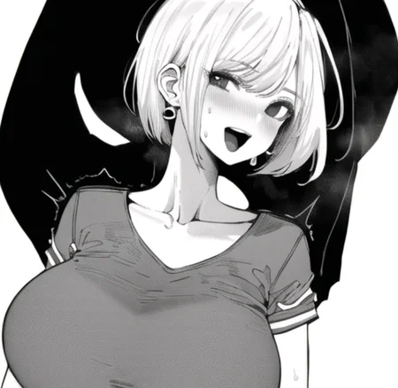 beautiful, masterpiece, best quality, extremely detailed face, perfect lighting, 1girl, solo, norman maggot, <lora:Norman Maggot:1>, :d, bangs, blush, breasts, collarbone, earrings, greyscale, huge breasts, jewelry, large breasts, looking at viewer, monochrome, open mouth, shirt, short hair, short sleeves, simple background, smile, solo, sweat, upper body, white background