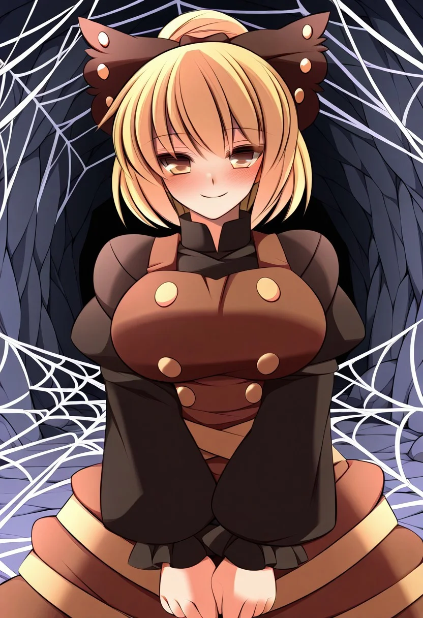 ueda katsuhito style, ((cave background)), (1girl), ((solo)), ((tall)). (standing), (posing), (looking at viewer), cute smile, (blush), ((kurodani yamame)), ((large breasts)), blonde hair, hair bow, short hair, hair bun, yellow eyes, brown eyes, bow, dress, long sleeves, brown dress, black bow, shirt, black shirt, silk, spider web