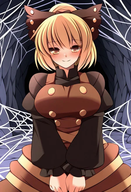 ueda katsuhito style, ((cave background)), (1girl), ((solo)), ((tall)). (standing), (posing), (looking at viewer), cute smile, (blush), ((kurodani yamame)), ((large breasts)), blonde hair, hair bow, short hair, hair bun, yellow eyes, brown eyes, bow, dress, long sleeves, brown dress, black bow, shirt, black shirt, silk, spider web