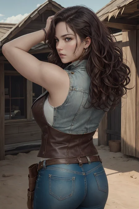 highres, masterpiece, perfect lighting, bloom, (RSEEmma:1.5), A captivating portrait of a female gunslinger, her gun raised and ready, emanating a sense of authority and prowess. Picture her with a determined expression, her steely gaze fixed on her target. Her sun-kissed complexion speaks of countless hours spent under the unforgiving sun of the frontier. Visualize her with flowing, chestnut hair cascading down her back, framing her face with rebellious curls. Her eyes, a piercing shade of emerald green, sparkle with a mixture of intensity and confidence. Dressed in rugged Western attire, she wears a weathered leather vest adorned with bullet casings, complemented by faded jeans and sturdy boots. Capture her in a powerful pose, showcasing her strength and skill as she brandishes her gun with a firm grip. Set against the backdrop of a sunlit desert or a rustic western town, utilize a medium telephoto lens to highlight her physical attributes and emphasize her role as a formidable female gunslinger., <lora:RSERomantic_RSESofiko_RSEEmma-v1:0.3>, <lora:breastinClass:0.2>,