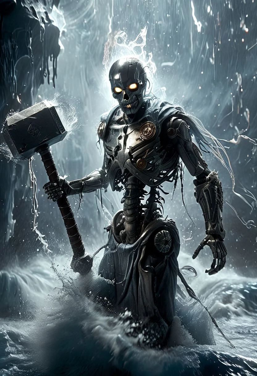 lith_argenta_BH1r, style of Guido Argentini, a silver skeleton cyborg, Standing on a galley amidst a seafight, He walks through translucent blue high waves in a fiery sea. wielding Mjolnir thors battlehammer, Close-up of his relaxed, determined expression as the hammer virtually explodes around him, splinters of wood and sparks flying around, flying Wood and particles, looking at Viewer, marine theme, ethereal, atmospheric haze, Film grain, cinematic film still, shallow depth of field, highly detailed, high budget, cinemascope, moody, epic, OverallDetail, gorgeous, 2000s vintage RAW photo, photorealistic, candid camera, color graded cinematic, atmospheric lighting, skin pores, imperfections, natural, shallow dof,