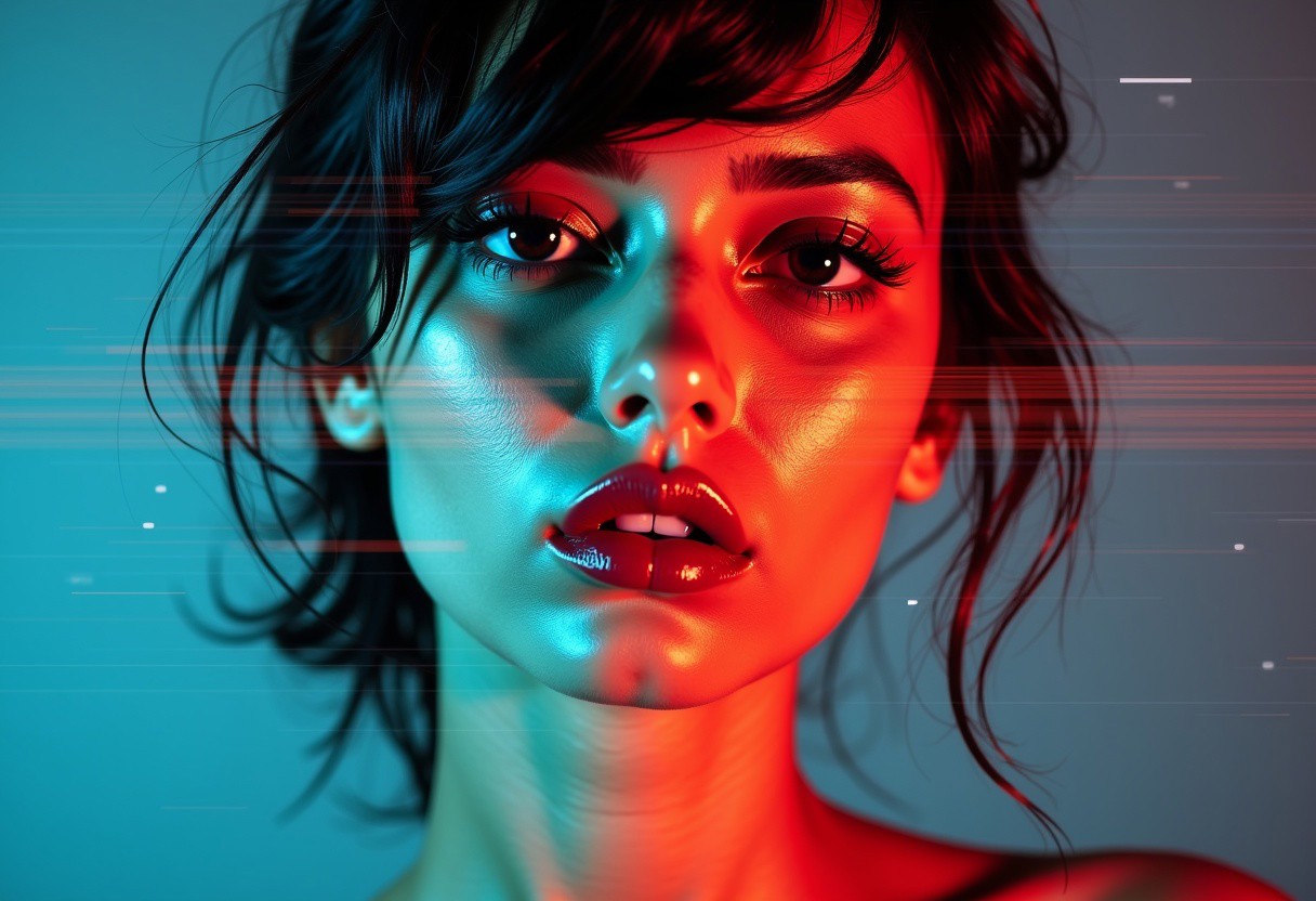 A close-up portrait of a woman, with a stylized, glitch effect overlay. Bright moody tones, with vibrant blue and orange streaks and lines, creating a visual distortion that resembles a corrupted signal.  The woman has a sharp jawline and a slightly upturned nose. Her eyes are intense and direct, looking slightly off-center.  Her lips are painted a deep red hue.  Her hair is dark and flows around her head, and has a slightly messy texture.  The skin has a smooth, slightly sculpted look, with a reddish-pink tone, intensified by the glitch effect. The background is a neutral, muted gray-brown tone that is completely overlaid with the glitch pattern.  Impressionistic, digital portrait style.  Strong contrast between the colors and the dark background.  Focus on the dramatic expression and the visual effect.  Emphasis on the glitch effect and its impact on the image overall.  High detail.