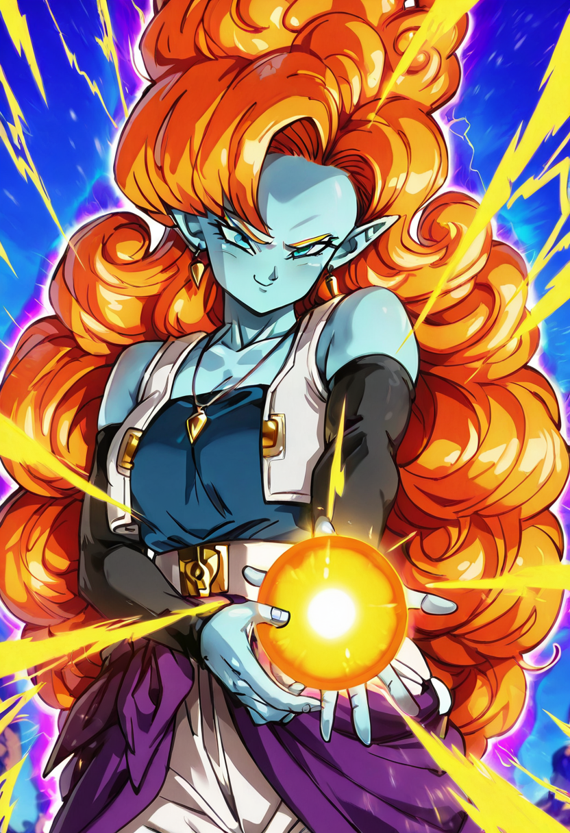 masterpiece, best quality, solo, curvy, beautiful eyes,  narrow waist, wide hips, zZangya, blue eyes, blue skin, pointy ears, orange hair, curly hair, long hair, big hair,  jewelry, necklace, detached sleeves, bare shoulders, vest, gloves, white baggy pants,  ,       <lora:ZangyaDragonballIXL:1.0>, ,vivid aura, looking at viewer, blue background, smug, aura, super saiyan, charging energy, energy ball, energy, lightning, <lora:DBSBroly_Style_IXL_v2:0.6>,