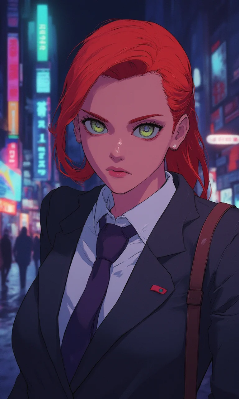 mature woman wearing a suit and tie close up portrait photo , red hair, green eyes, closeup on facecyberpunk anime city at night, comic illustration<lora:Flux\mine\bigeyes.safetensors:0.5:0.5> <lora:Flux\CPA.safetensors:1.0:1.0>