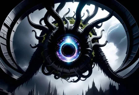 ulblackholetech, (masterpiece), An abandoned city floating in the void of space, constructed from a fusion of organic and metallic structures. Each building appears alive, with pulsating roots that throb like massive veins. In the sky, a warped moon made of eyes and mouths watches the scene eerily. The shadows cast by the light of a dying sun seem to move independently from the figures that create them
(8k uhd:1,4),, inspired in cosmic horror, (epic composition, epic proportion), intricate, professional work, soft shadow, volumetric lighting, ((dynamic Image))
