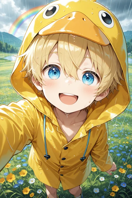 1boy,solo,male focus,aged down,short hair,hair between eyes,blonde hair,blue eyes,tan,duck hood,yellow raincoat,looking at viewer,smile,open mouth,water,breeze,meadow,rainbow,rain,IllusP0s,novel illustration,<lora:aidmaFLuxPro1.1_v0.3_IL:0.25>,<lora:noobaiXLNAIXL_epsilonPred11Version-lora:0.14>,<lora:best_of_ai_styles_noob-vpred-1.0_v1.337-edm2-pass-long:0.2>,<lora:copmfff:0.6>,