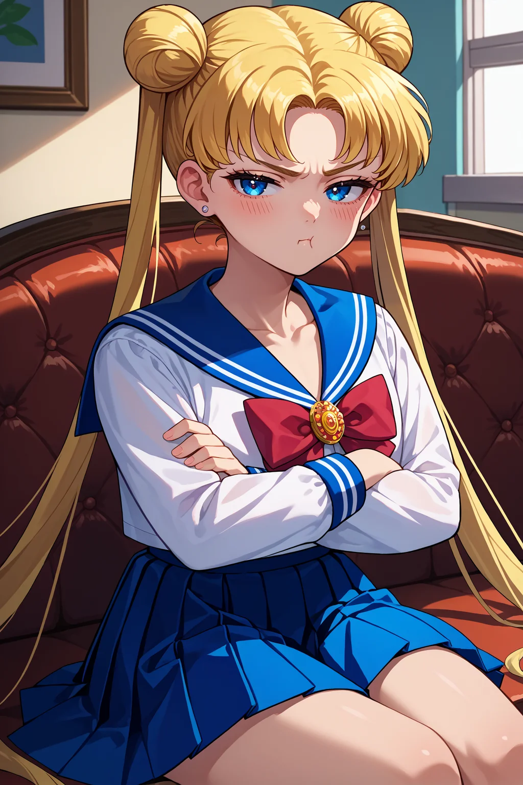 score_9, score_8_up, score_7_up, score_6_up, source_anime, 1girl, solo, <lora:sailormoon-pdxl-nvwls-v1_1-000005:1> slrmn, twintails, double bun, blonde hair, very long hair, blue eyes, parted bangs, stud earrings, blue sailor collar, white shirt, long sleeves, red bowtie, brooch, blue skirt, pleated skirt, school uniform, pout, crossed arms, looking at you, sitting, couch, indoors <lora:Pout_XLPD:0.8> pout, :t, closed mouth, blush, half-closed eyes