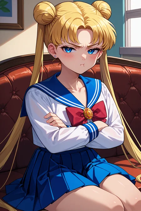score_9, score_8_up, score_7_up, score_6_up, source_anime, 1girl, solo, <lora:sailormoon-pdxl-nvwls-v1_1-000005:1> slrmn, twintails, double bun, blonde hair, very long hair, blue eyes, parted bangs, stud earrings, blue sailor collar, white shirt, long sleeves, red bowtie, brooch, blue skirt, pleated skirt, school uniform, pout, crossed arms, looking at you, sitting, couch, indoors <lora:Pout_XLPD:0.8> pout, :t, closed mouth, blush, half-closed eyes
