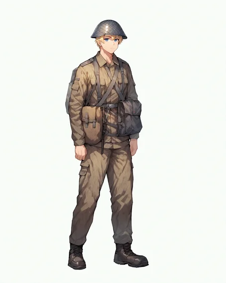1 boy, male focus, blonde hair, blue eyes,  <lora:DDR_NVA:1> ddr_nva, uniform, military, military uniform, helmet, camouflage, standing, full body,  white background, simple background,  <lora:StS_PonyXL_Detail_Slider_v1.4_iteration_3:5>, PonyXLV6_Scores, <lora:pony_good_hands:1> good_hands,