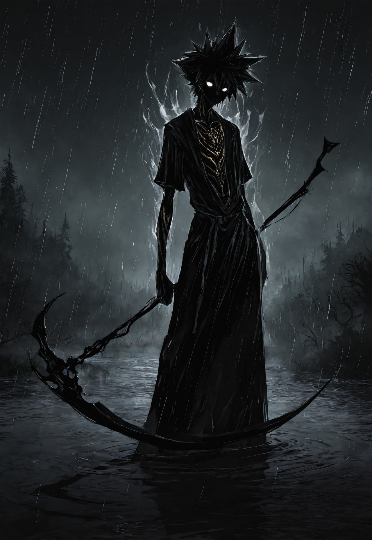 masterpiece, best quality, amazing quality, very aesthetic, absurdres, newest, detailed background, antiKH, 1boy, solo, spiked hair, skinny, robe, open clothes, scythe, aura, white eyes, glowing eyes, spot color, neon palette, orange, gold, splatter, dark, horror, fog, outdoors, lake, night, rain