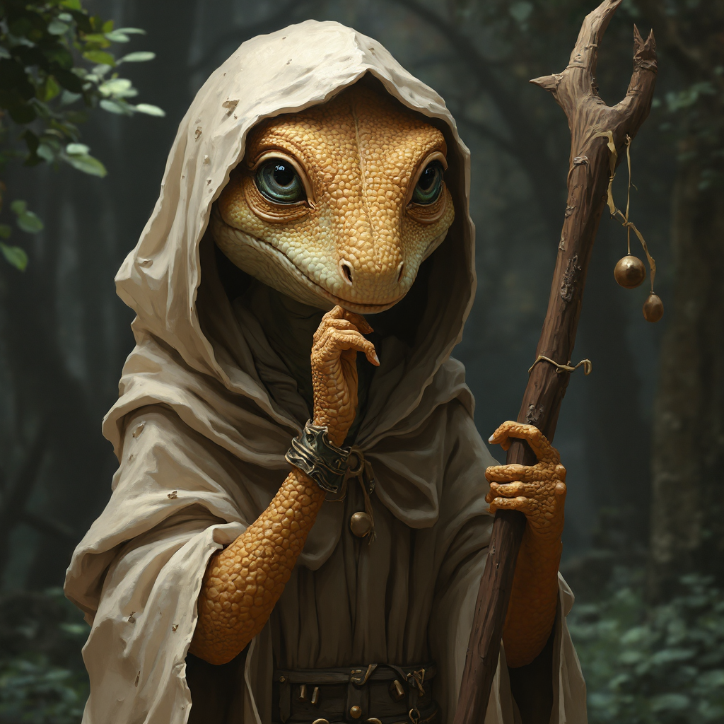 Fantasy illustration with a soft, painterly style, a humanoid lizard creature with gentle, expressive eyes and textured, golden-brown scales, wearing a tattered, beige hooded cloak, she holds a wooden staff in one hand, her other hand raised to her lips in a shushing gesture, suggesting secrecy or caution, the background is a dense, forest-like environment, with deep greens and browns, the light filtering through the canopy casts a soft, dappled glow on the character, creating a mysterious yet peaceful atmosphere, the intricate details of her jewelry and the wood grain of her staff add richness to the scene